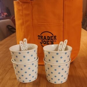 Four Porcelain Bowls And Spoons And Trader Joe Bag